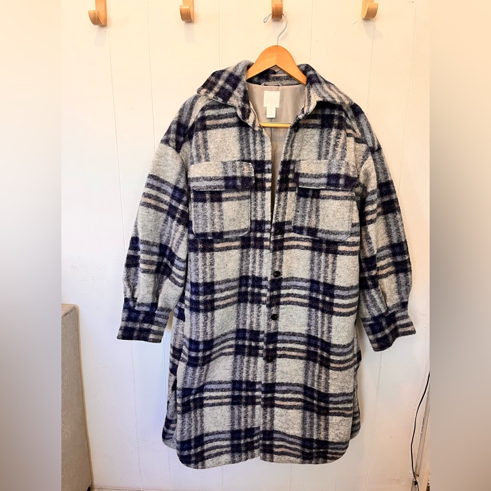 H&M Long Blue Plaid Winter Jacket Sz. S